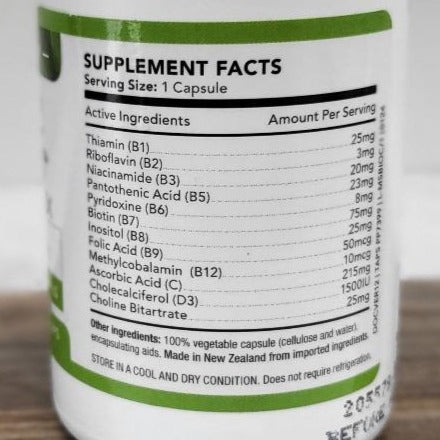 MS-Biotin Complex bottle showing Supplement Facts with B vitamins, Biotin (75mg), Vitamin C, D3