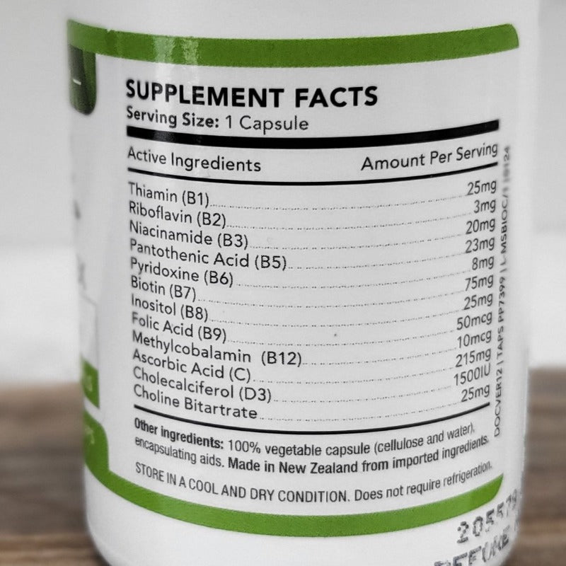 Close-up of MS-Starter Pack multivitamin supplement facts label, showing active ingredients and dosages for strength.