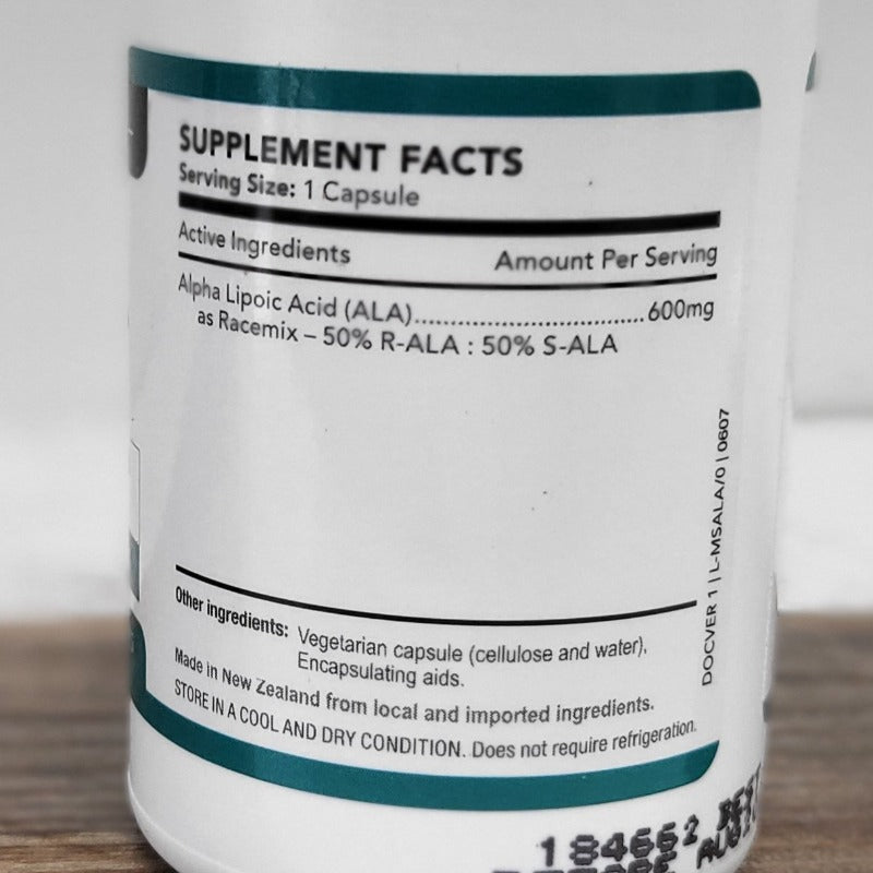 MS-Lipoic Acid bottle showing Supplement Facts label with 600mg Alpha Lipoic Acid (ALA) per capsule. Made in NZ.
