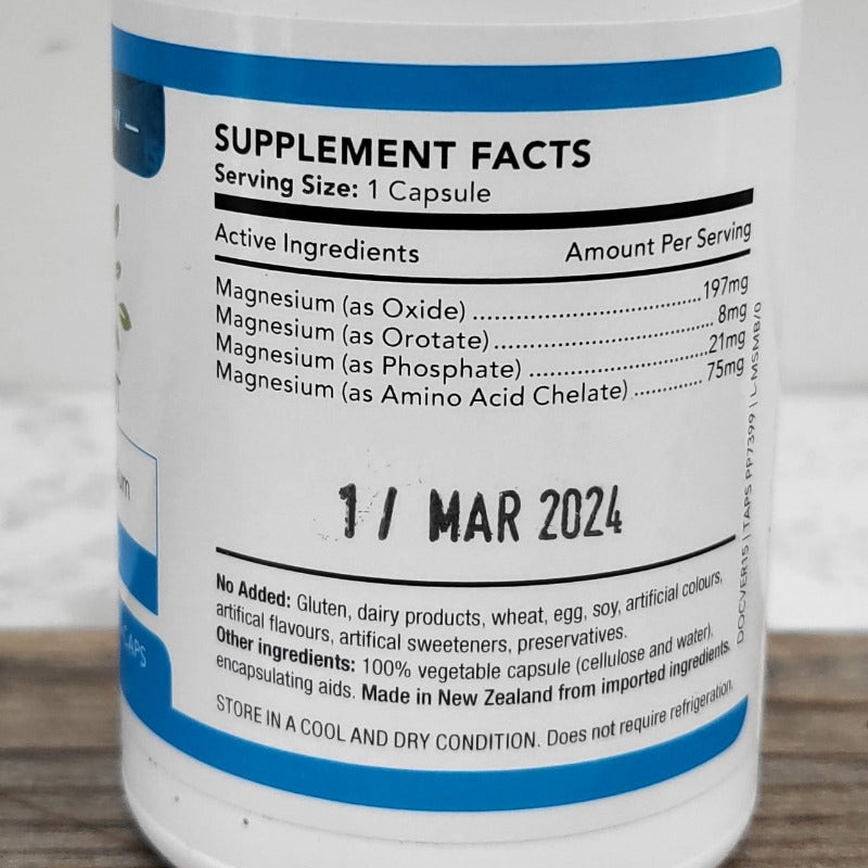 MS-Mag Boost supplement facts label showing magnesium content per capsule and NZ made claim.