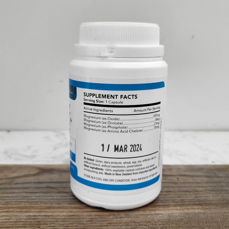 MS-Mag Boost magnesium supplement bottle showing unreadable Supplement Facts label and expiration date