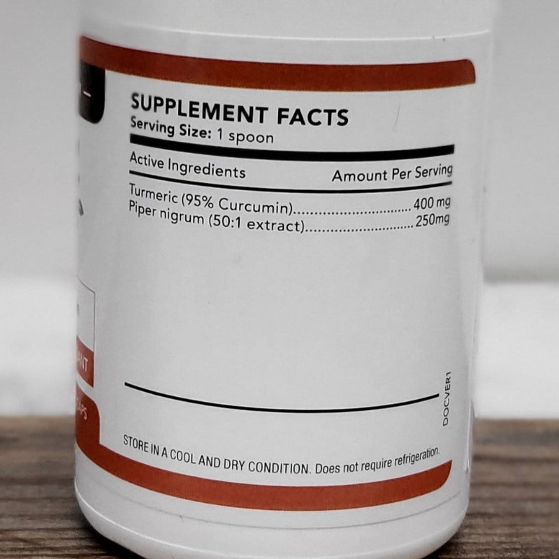MS-Turmeric supplement facts label showing 400mg Turmeric (95% Curcumin) and 250mg Piper Nigrum per serving.