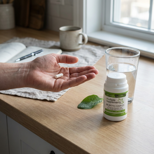 A hand holds an MS-BIOTIN COMPLEX capsule from the bottle on a wooden counter with leaves, showing a daily wellness routine.