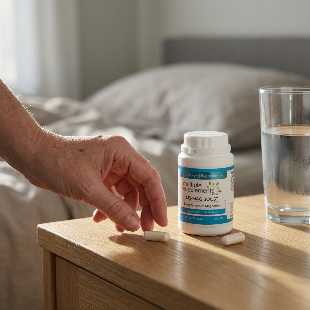 Hand reaching for MS-Mag Boost Magnesium capsule and bottle on a nightstand in morning light, for sleep & muscle cramp relief.